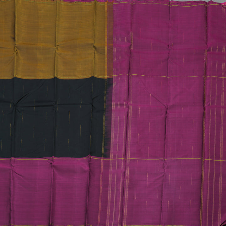 Hayagrivas Handloom Mustard, Black & Wine Purple (Mubhagam) Kanjivaram Silk Saree with Wine Purple Border BBD811I1-1