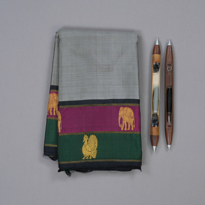 Hayagrivas Exquisite Grey Handloom Kanjivaram Silk Saree with Green And Purple Border BBD811I6-2