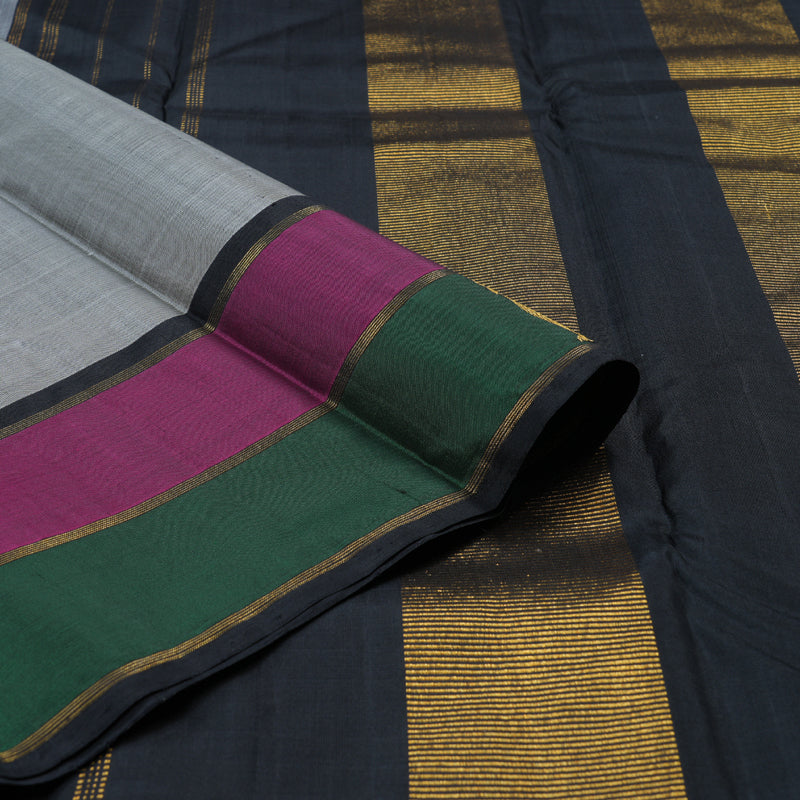 Hayagrivas Exquisite Grey Handloom Kanjivaram Silk Saree with Green And Purple Border BBD811I6-2