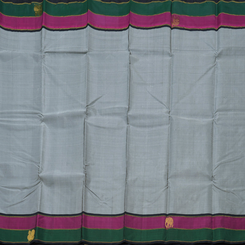 Hayagrivas Exquisite Grey Handloom Kanjivaram Silk Saree with Green And Purple Border BBD811I6-2
