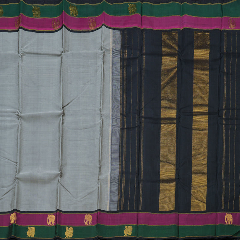 Hayagrivas Exquisite Grey Handloom Kanjivaram Silk Saree with Green And Purple Border BBD811I6-2