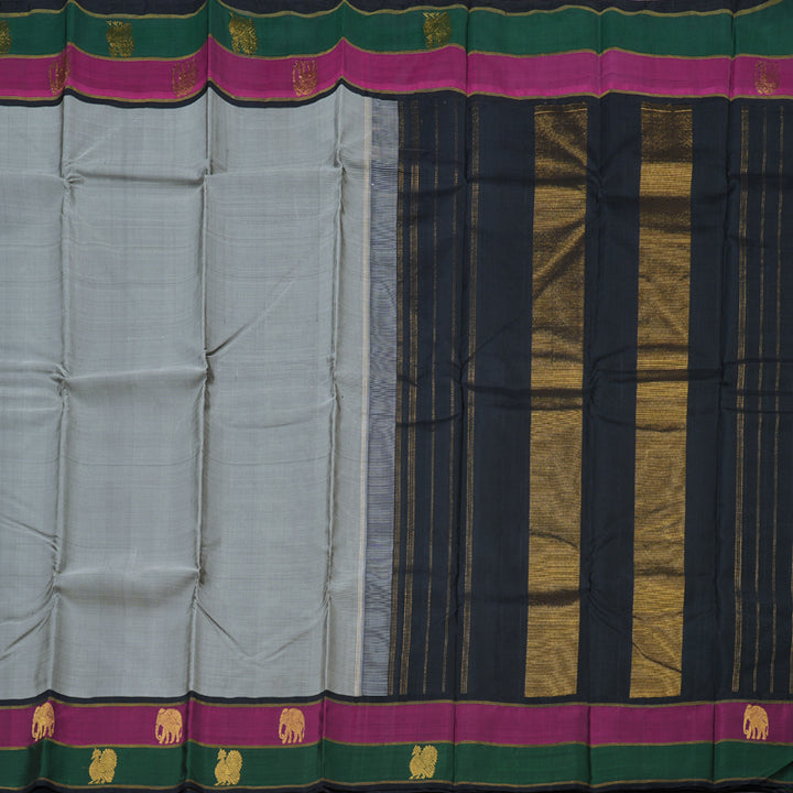 Hayagrivas Exquisite Grey Handloom Kanjivaram Silk Saree with Green And Purple Border BBD811I6-2