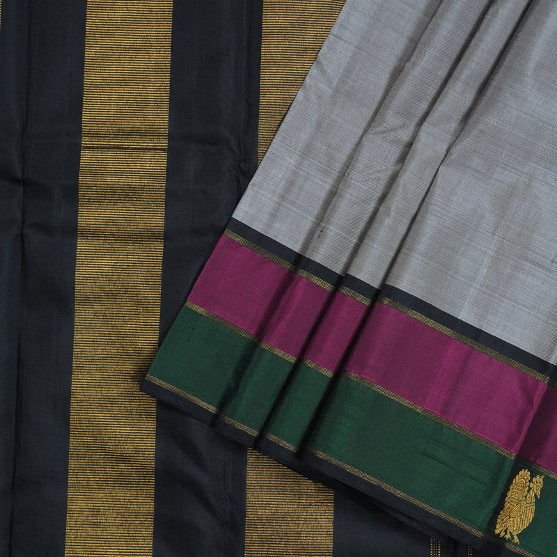 Hayagrivas Exquisite Grey Handloom Kanjivaram Silk Saree with Green And Purple Border BBD811I6-2