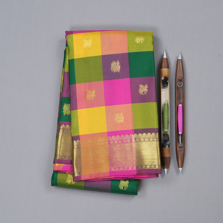 Hayagrivas Multi Color Checks Handloom Kanjivaram Silk Saree with Pink Border BBD815I7-8