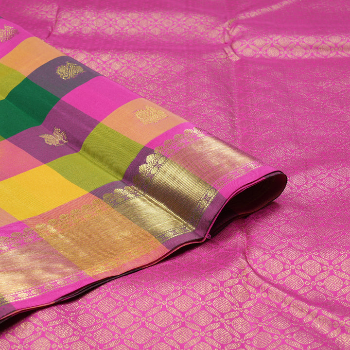 Hayagrivas Multi Color Checks Handloom Kanjivaram Silk Saree with Pink Border BBD815I7-8