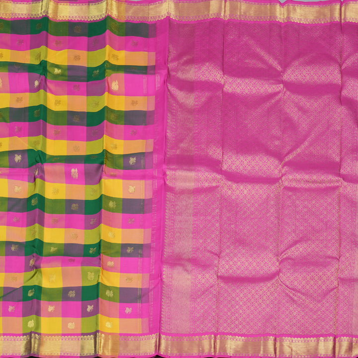 Hayagrivas Multi Color Checks Handloom Kanjivaram Silk Saree with Pink Border BBD815I7-8
