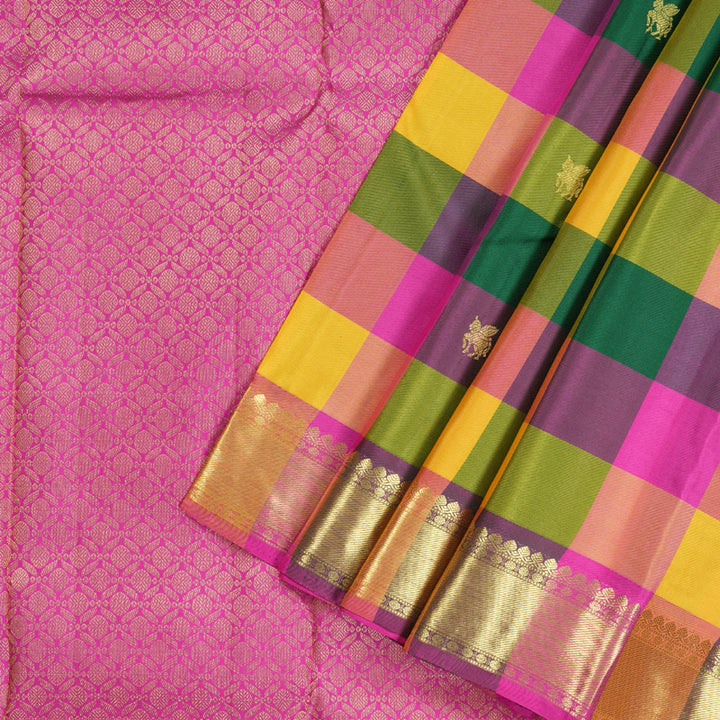 Hayagrivas Multi Color Checks Handloom Kanjivaram Silk Saree with Pink Border BBD815I7-8