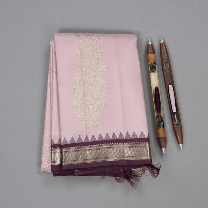 Hayagrivas Baby Pink Handloom Kanjivaram Silk Saree with Plum Purple Border BBD819I4-1