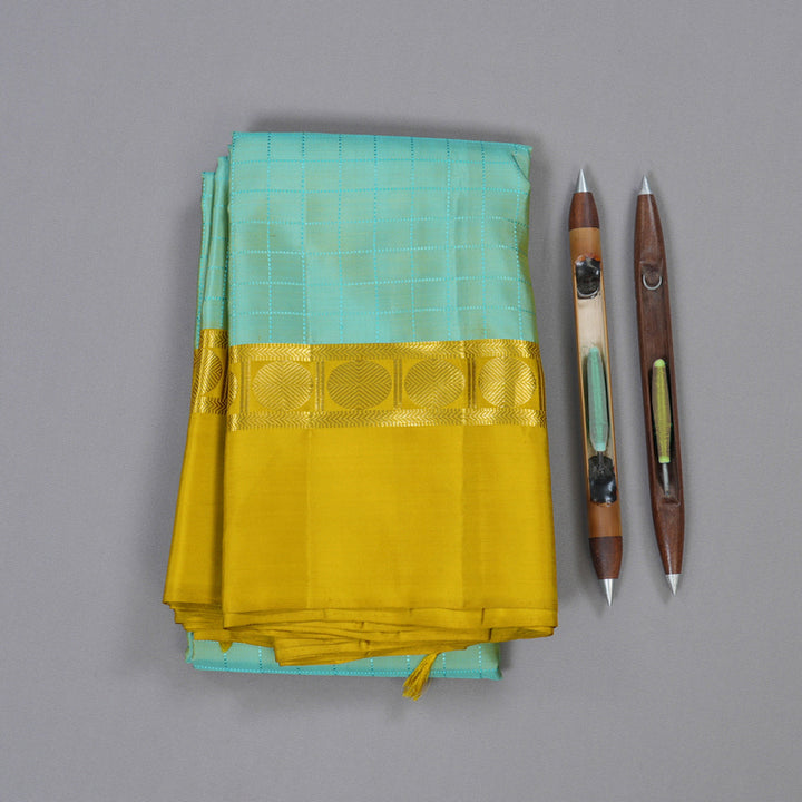 Hayagrivas Sea Blue Kanjivaram Silk Saree with Lemon Yellow Border BBD819I6-1