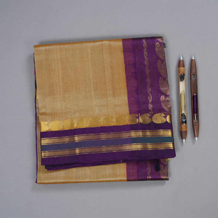 Hayagrivas Sandal Beige Nineyards Silk Cotton Saree with Purple Border BBD821I1-6