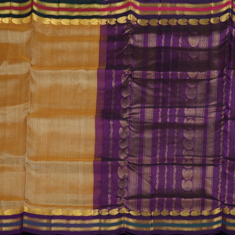 Hayagrivas Sandal Beige Nineyards Silk Cotton Saree with Purple Border BBD821I1-6