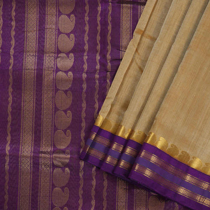 Hayagrivas Sandal Beige Nineyards Silk Cotton Saree with Purple Border BBD821I1-6