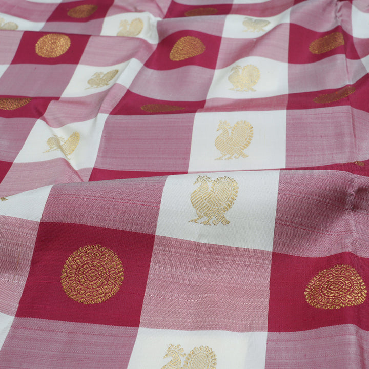 Hayagrivas Red And White Checkered Kanjivaram Silk Saree with Maroon Border BBD827I1-1