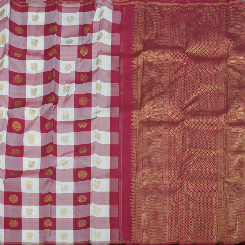 Hayagrivas Red And White Checkered Kanjivaram Silk Saree with Maroon Border BBD827I1-1