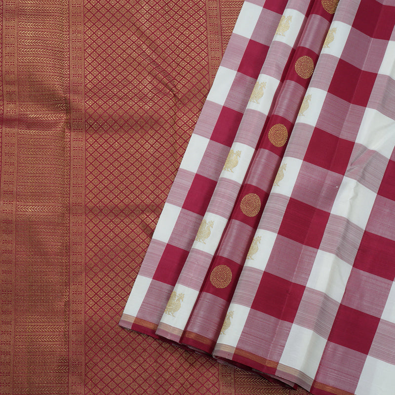 Hayagrivas Red And White Checkered Kanjivaram Silk Saree with Maroon Border BBD827I1-1