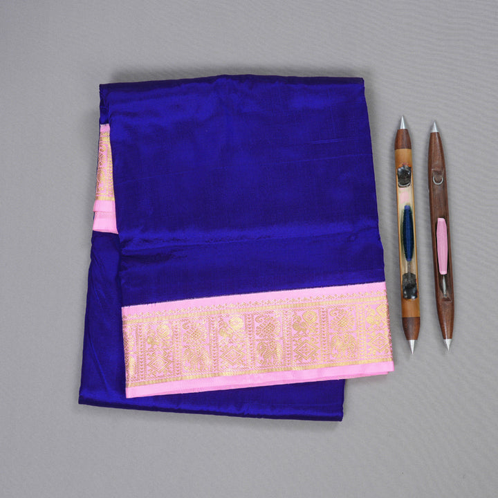 Hayagrivas Blue Handloom Kanjivaram Ten Yards Silk Saree with Baby Pink Border BBD834I2-4