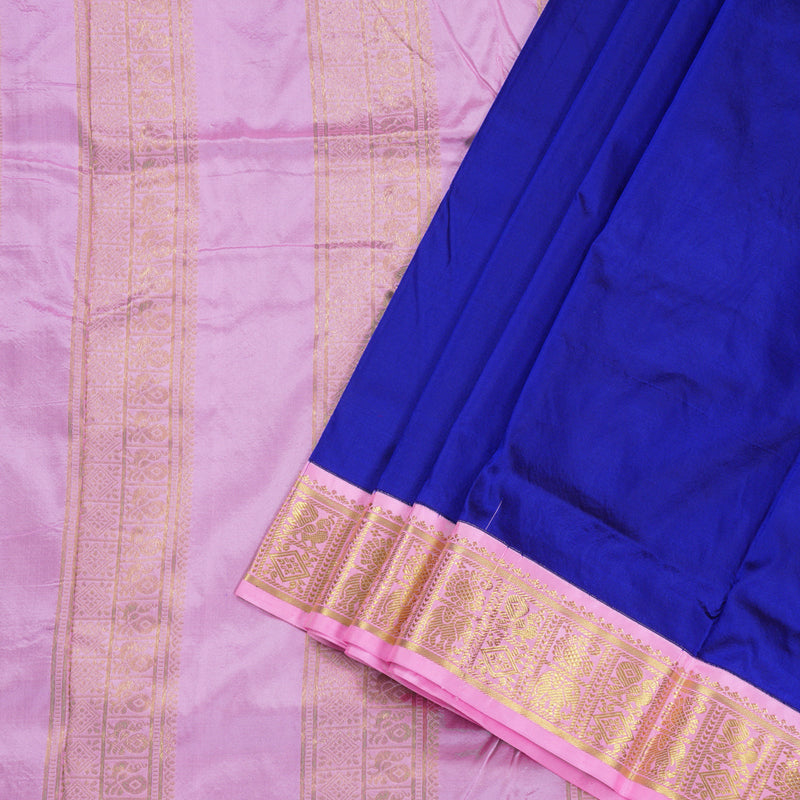 Hayagrivas Blue Handloom Kanjivaram Ten Yards Silk Saree with Baby Pink Border BBD834I2-4