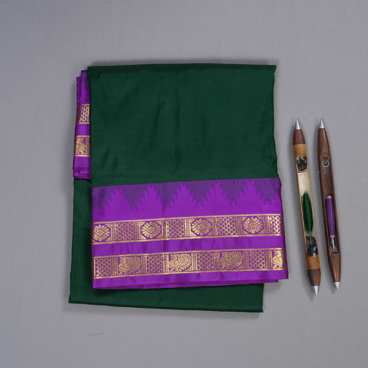 Hayagrivas Handloom Bottle Green Ten Yards Silk Saree with Magenta Border BBD834I7-4