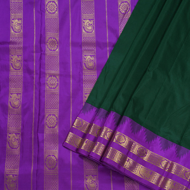 Hayagrivas Handloom Bottle Green Ten Yards Silk Saree with Magenta Border BBD834I7-4