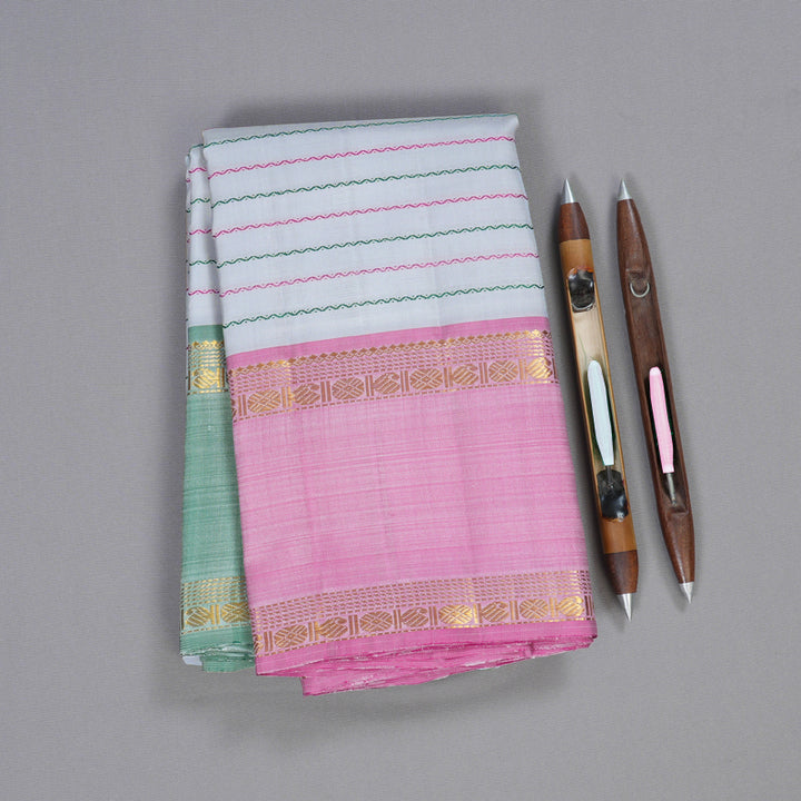 Hayagrivas Light Silver Grey Kanjivaram Silk Saree with Pink And Green Border BBD843I3-1