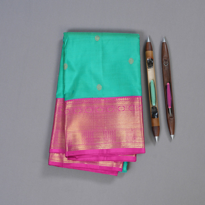 Hayagrivas Sea Green Kanjivaram Silk Saree with Pink Border BBD846I5-3