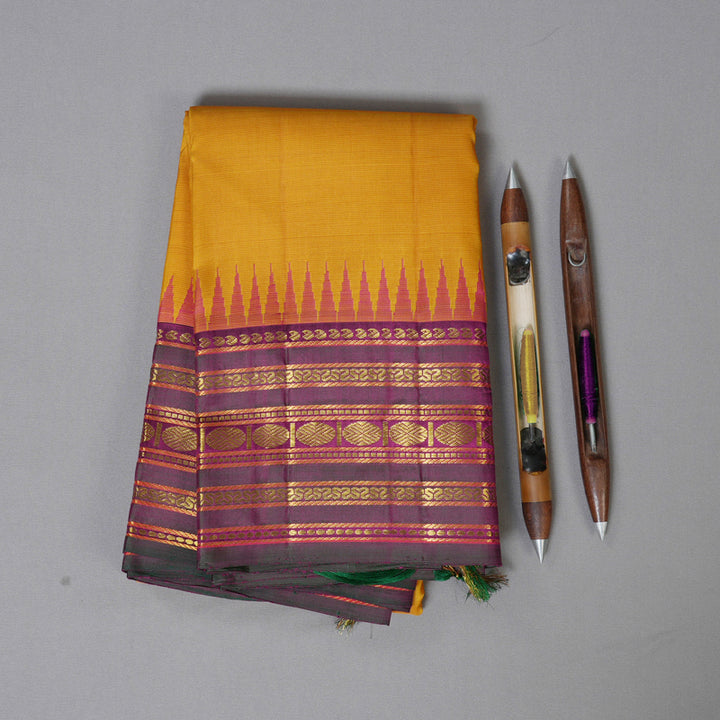 Hayagrivas Mustard Kanjivaram Silk Saree with Purple Border BBD84D8-1