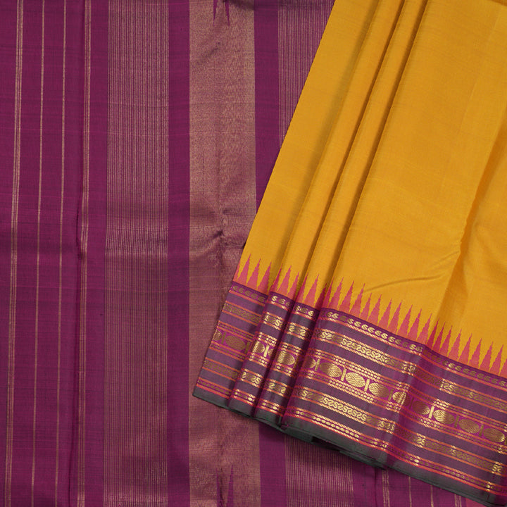 Hayagrivas Mustard Kanjivaram Silk Saree with Purple Border BBD84D8-1