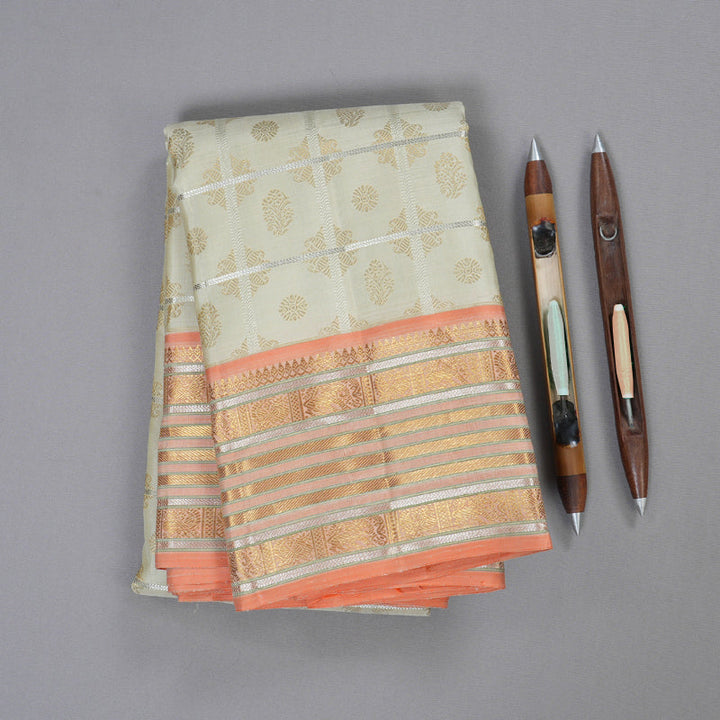 Hayagrivas Half White Kanjivaram Silk Saree with Peach Orange Border BBD854I1-1