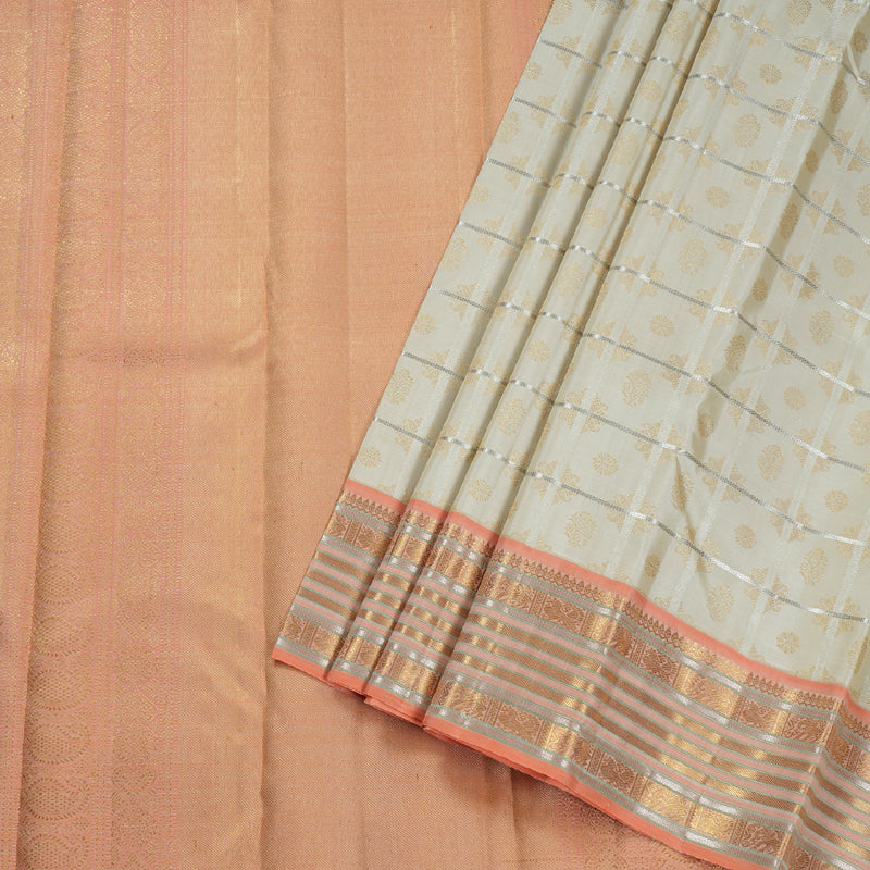 Hayagrivas Half White Kanjivaram Silk Saree with Peach Orange Border BBD854I1-1