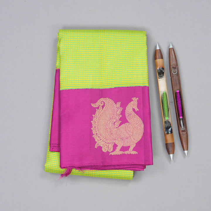 Hayagrivas Handloom Kanjivaram Silk Saree in Vibrant Green with Yellow Muted Checks BBD858I1-5