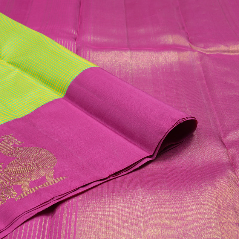 Hayagrivas Handloom Kanjivaram Silk Saree in Vibrant Green with Yellow Muted Checks BBD858I1-5