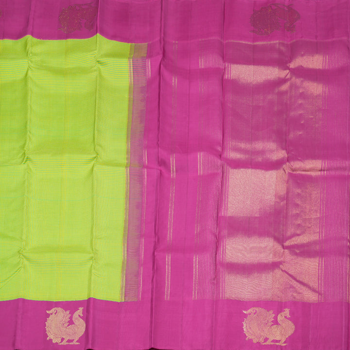 Hayagrivas Handloom Kanjivaram Silk Saree in Vibrant Green with Yellow Muted Checks BBD858I1-5