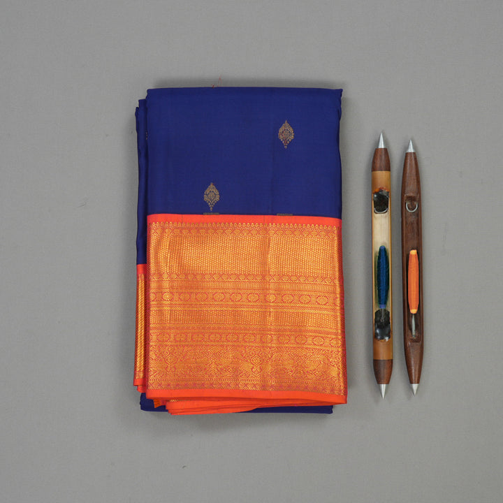 Hayagrivas Handloom Royal Blue Kanjivaram Silk Saree Bright Orangish Pink border BBD860I7-4