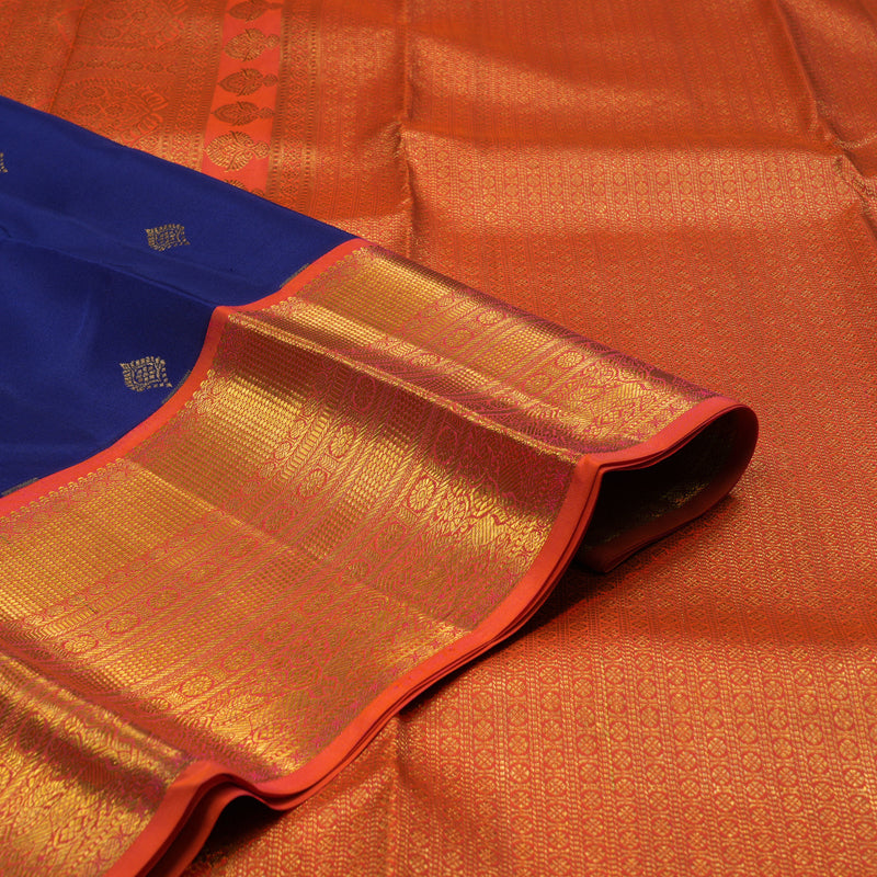 Hayagrivas Handloom Royal Blue Kanjivaram Silk Saree Bright Orangish Pink border BBD860I7-4