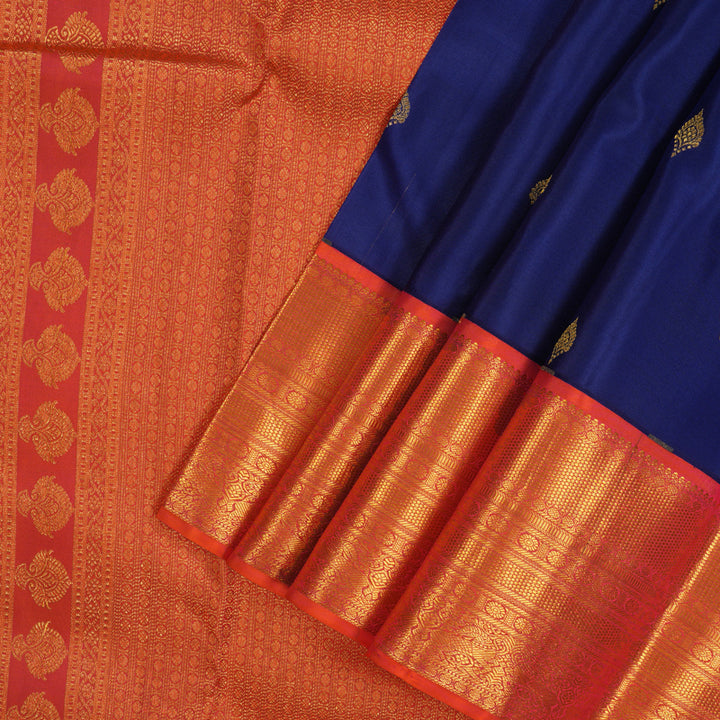 Hayagrivas Handloom Royal Blue Kanjivaram Silk Saree Bright Orangish Pink border BBD860I7-4