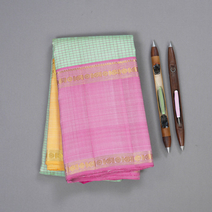 Hayagrivas Light Pastel Green Kanjivaram Silk Saree with Yellow And Rose Pink Border BBD871I1-1