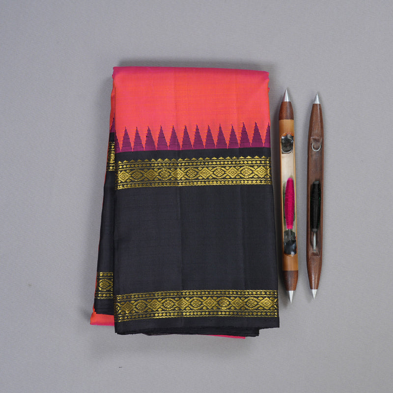 Hayagrivas Orangish Pink Handloom Kanjivaram Silk Saree with Black Border BBD877I2-6