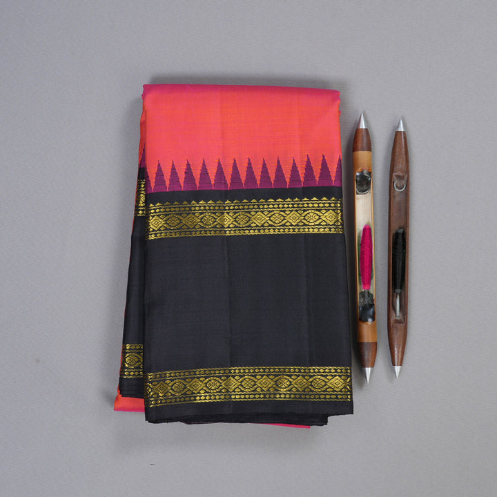 Hayagrivas Orangish Pink Handloom Kanjivaram Silk Saree with Black Border BBD877I2-6