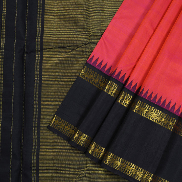 Hayagrivas Orangish Pink Handloom Kanjivaram Silk Saree with Black Border BBD877I2-6