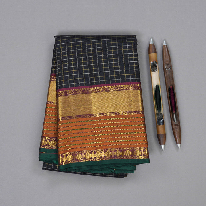 Hayagrivas Black Handloom Kanjivaram Silk Saree with Burnt Orange Border BBD878I3-1