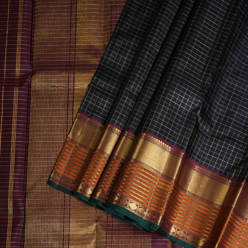 Hayagrivas Black Handloom Kanjivaram Silk Saree with Burnt Orange Border BBD878I3-1