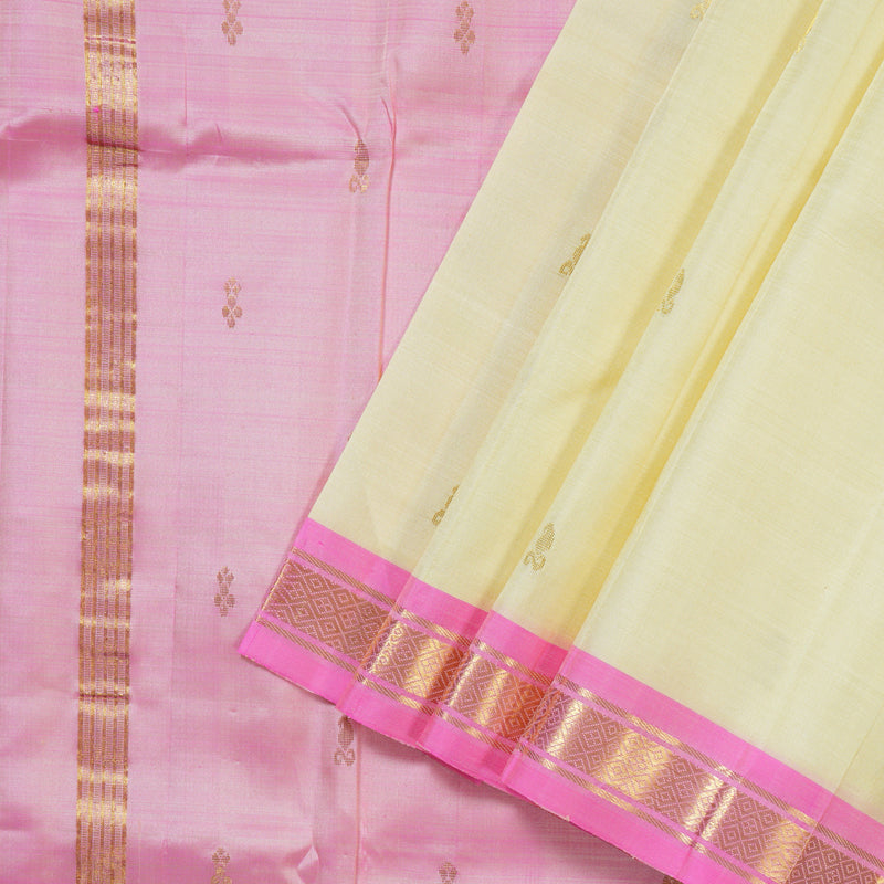 Hayagrivas Elegant Half White Handloom Kanjivaram Silk Saree with Baby Pink Border BBD882I1-15