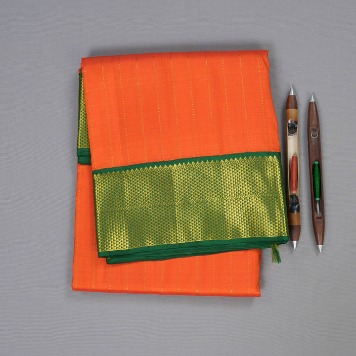 Hayagrivas Orange Handloom Kanjivaram Ten Yards Silk Saree with Dark Green Border BBD887I4-1