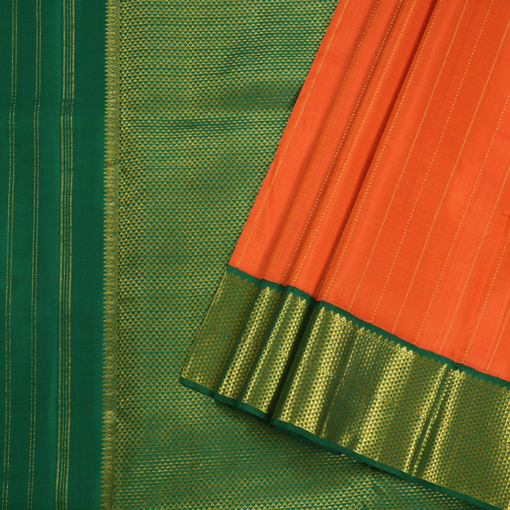 Hayagrivas Orange Handloom Kanjivaram Ten Yards Silk Saree with Dark Green Border BBD887I4-1