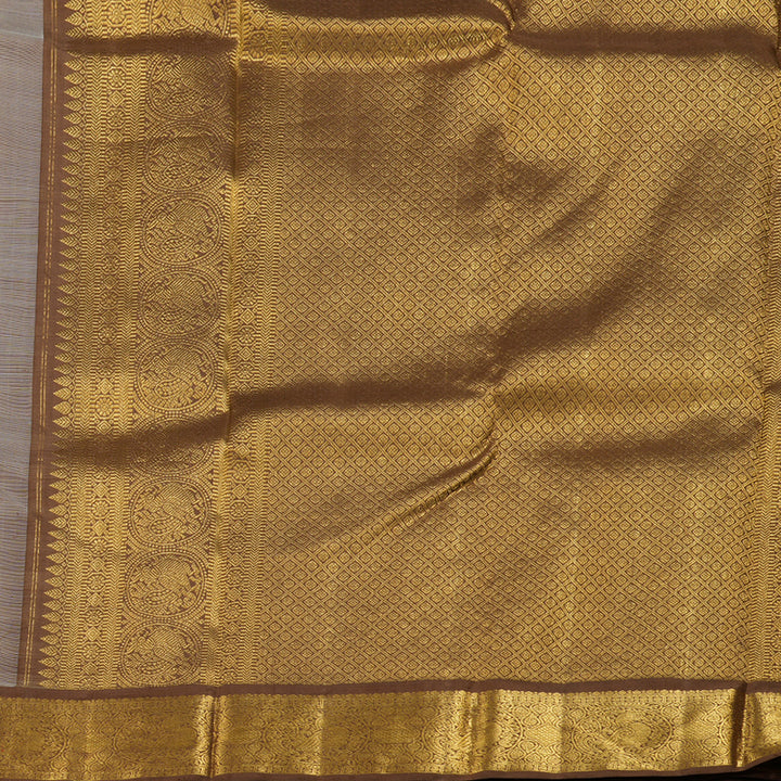 Hayagrivas Off White Handloom Kanjivaram Silk Saree with Dark Brown Border BBD894I3-6