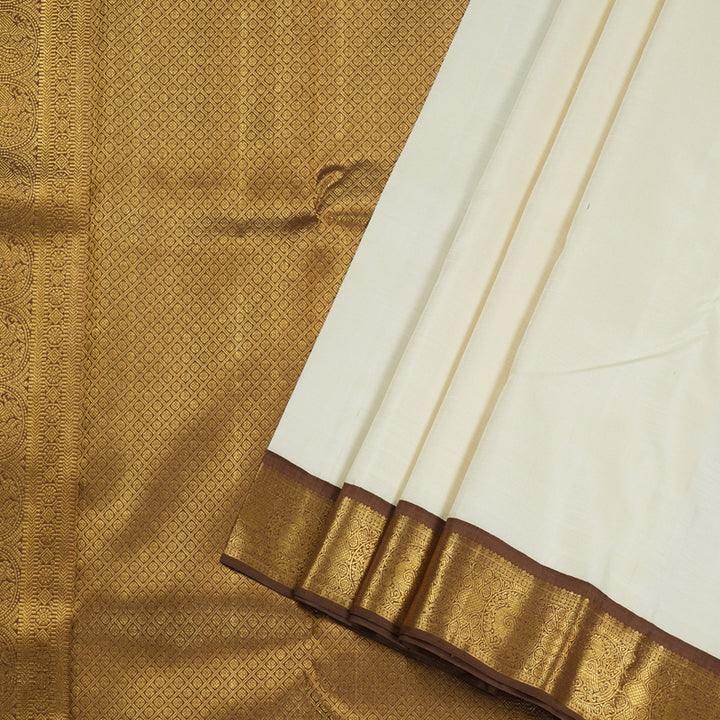 Hayagrivas Off White Handloom Kanjivaram Silk Saree with Dark Brown Border BBD894I3-6