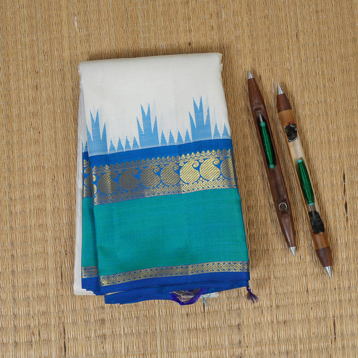 Hayagrivas White Kanjivaram Silk Saree with Dark Blue and Sea Green Retta Pet Border BBD8D2-1