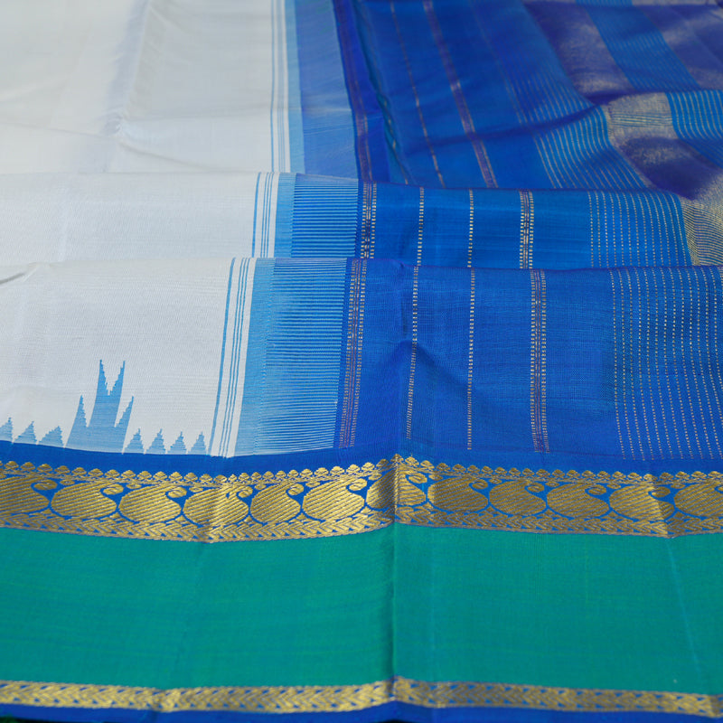 Hayagrivas White Kanjivaram Silk Saree with Dark Blue and Sea Green Retta Pet Border BBD8D2-1