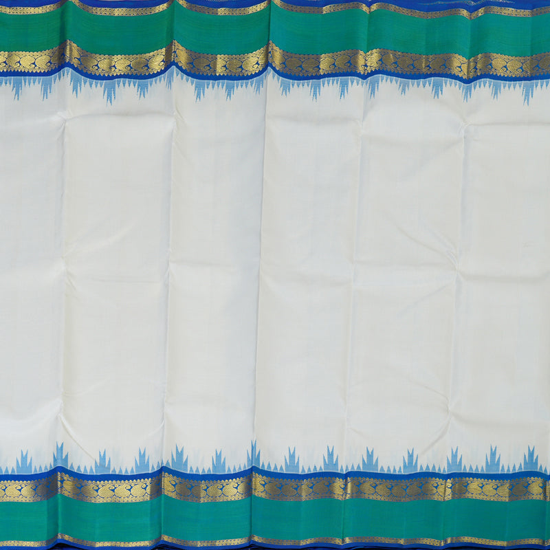 Hayagrivas White Kanjivaram Silk Saree with Dark Blue and Sea Green Retta Pet Border BBD8D2-1