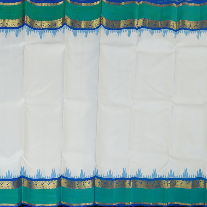 Hayagrivas White Kanjivaram Silk Saree with Dark Blue and Sea Green Retta Pet Border BBD8D2-1